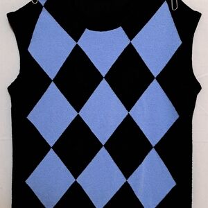 Sisley Argyle Turtleneck Sleeveless Sweater Vest Black Blue Made in Italy Small